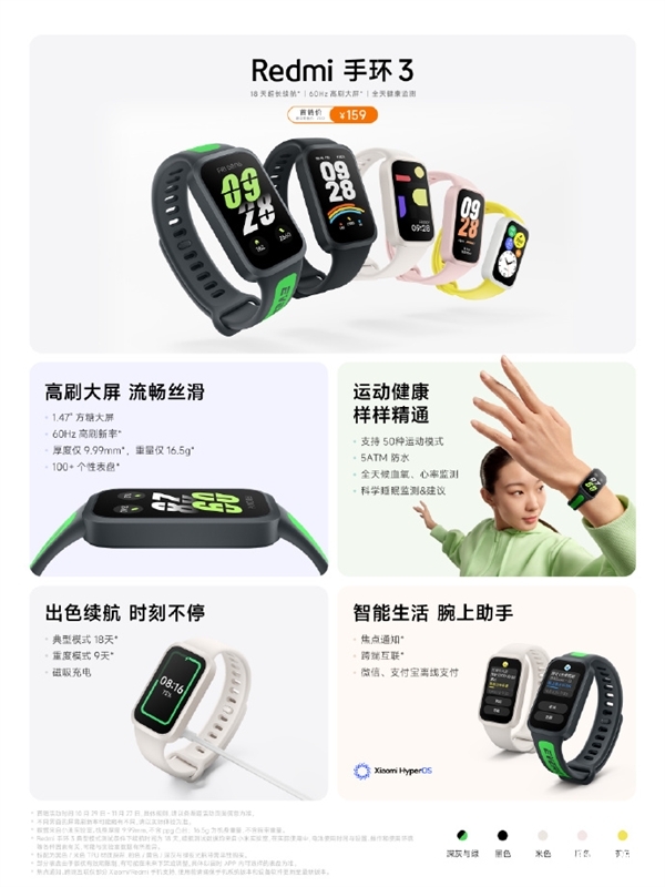 紅米手環(huán)3上市 60Hz高刷大屏 續(xù)航可達(dá)18天售價(jià)159元，權(quán)威硬件評(píng)測(cè)網(wǎng)站,www.cdhysqd.com