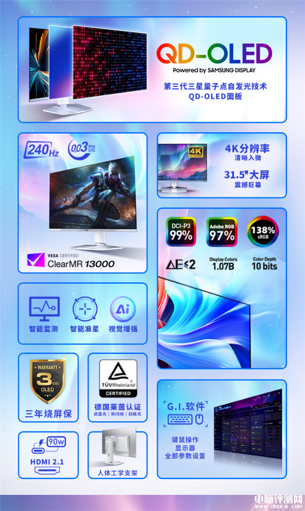 微星31.5寸OLED白色極光顯示器發(fā)布 4K 240Hz屏售價6999元，權威硬件評測網站,www.cdhysqd.com